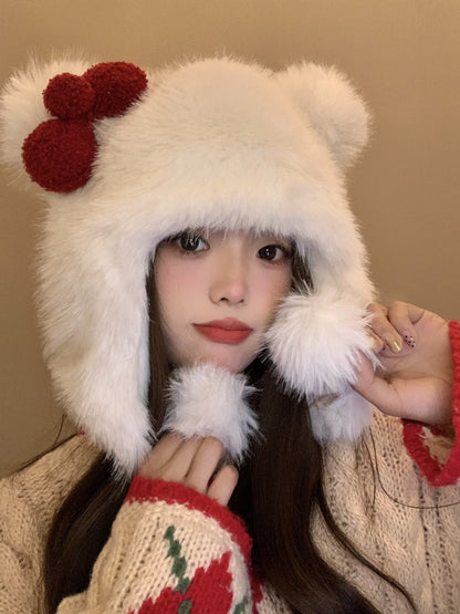 Korean Sweet Bow Plush Bomber Cap Winter Women Keep Warm Windproof Ear Protection Cute Pom-pom Beanie With Lace undefine