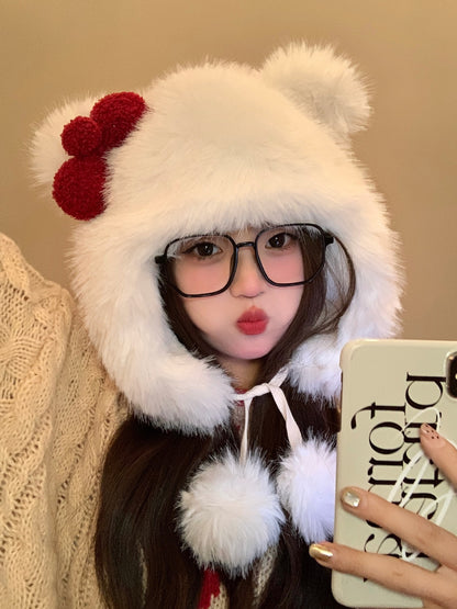 Korean Sweet Bow Plush Bomber Cap Winter Women Keep Warm Windproof Ear Protection Cute Pom-pom Beanie With Lace undefine