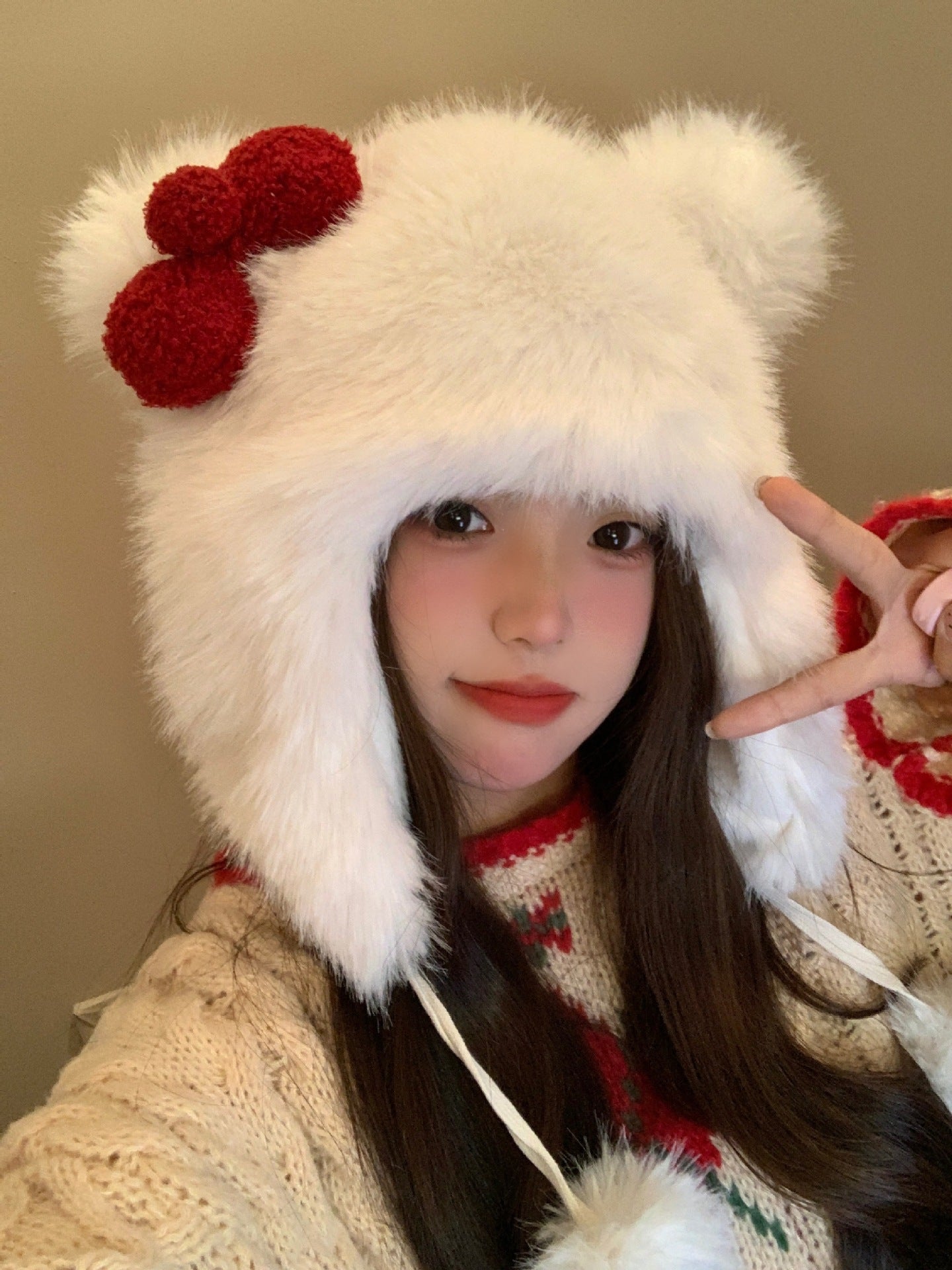 Korean Sweet Bow Plush Bomber Cap Winter Women Keep Warm Windproof Ear Protection Cute Pom-pom Beanie With Lace undefine