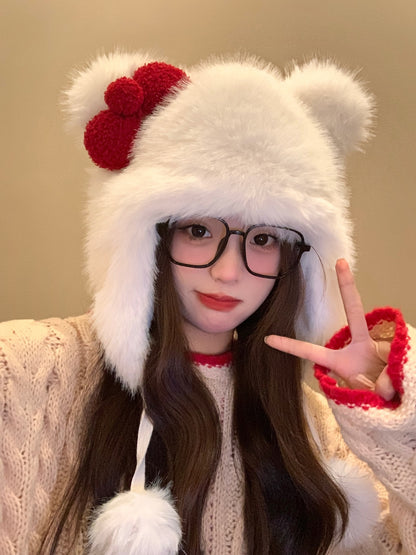 Korean Sweet Bow Plush Bomber Cap Winter Women Keep Warm Windproof Ear Protection Cute Pom-pom Beanie With Lace undefine