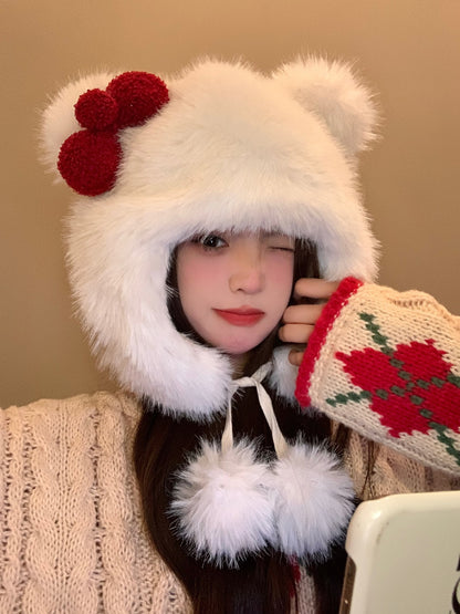 Korean Sweet Bow Plush Bomber Cap Winter Women Keep Warm Windproof Ear Protection Cute Pom-pom Beanie With Lace undefine