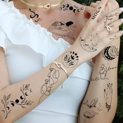 15 Sheets Minimalism Abstract Line Art Temporary Tattoos For Women Men Adults Finger Black Tattoo 3D Moon Star Fake Tatoos Sets