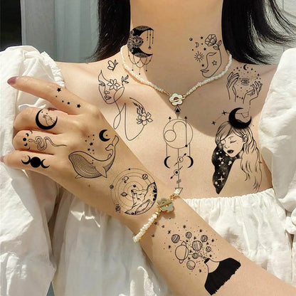 15 Sheets Minimalism Abstract Line Art Temporary Tattoos For Women Men Adults Finger Black Tattoo 3D Moon Star Fake Tatoos Sets