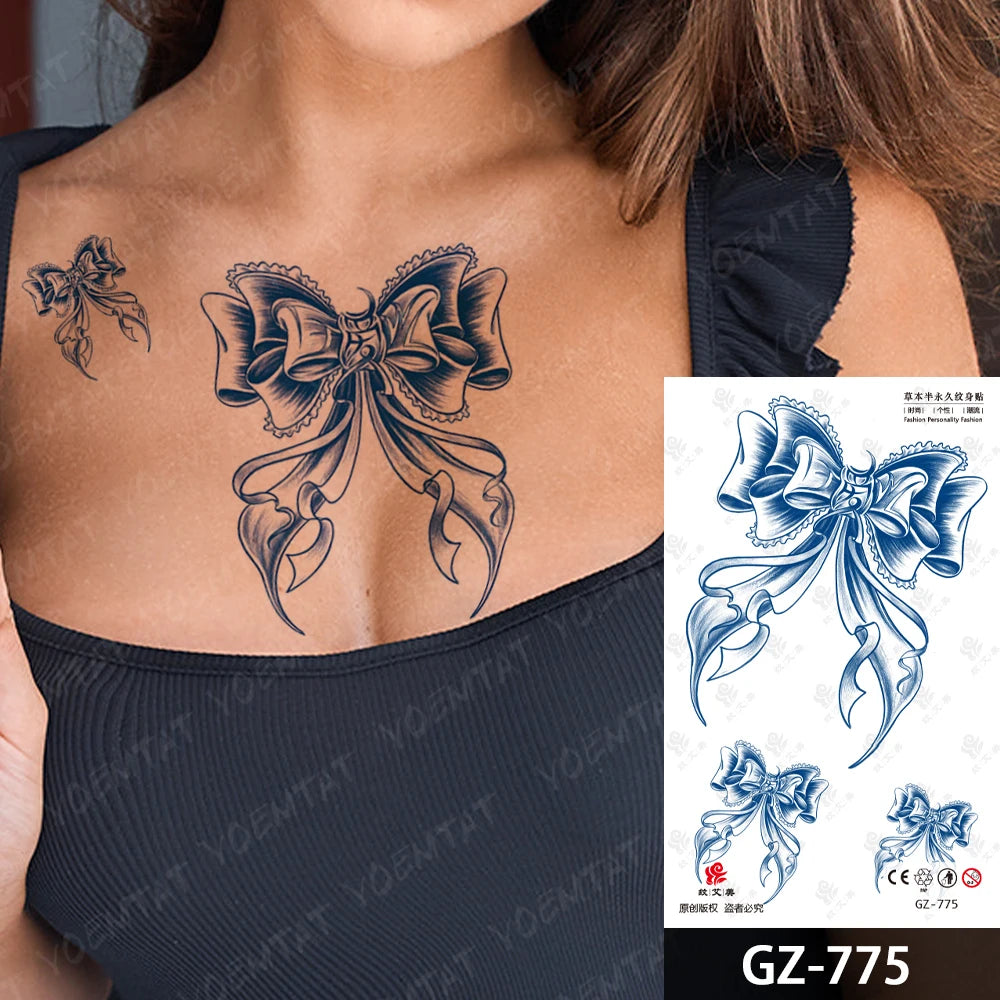 Bow Tie Love Juice Ink Lasting Waterproof Temporary Tattoo Sticker Leaf Totem Semi Permanent Fake Tatoo Body Art Men Women Arm