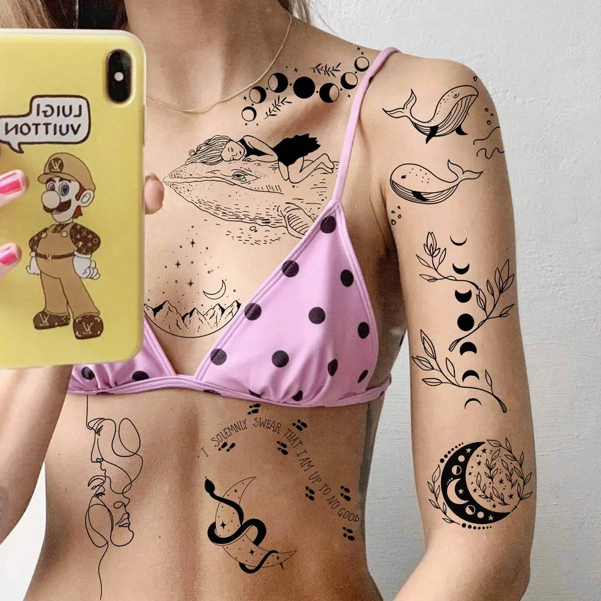 15 Sheets Minimalism Abstract Line Art Temporary Tattoos For Women Men Adults Finger Black Tattoo 3D Moon Star Fake Tatoos Sets