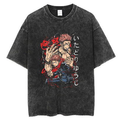 Anime Printed Streetwear Vintage Washed T-shirt Men Harajuku Manga Graphic Print Gojo Acid Wash Tops Tee Shirt