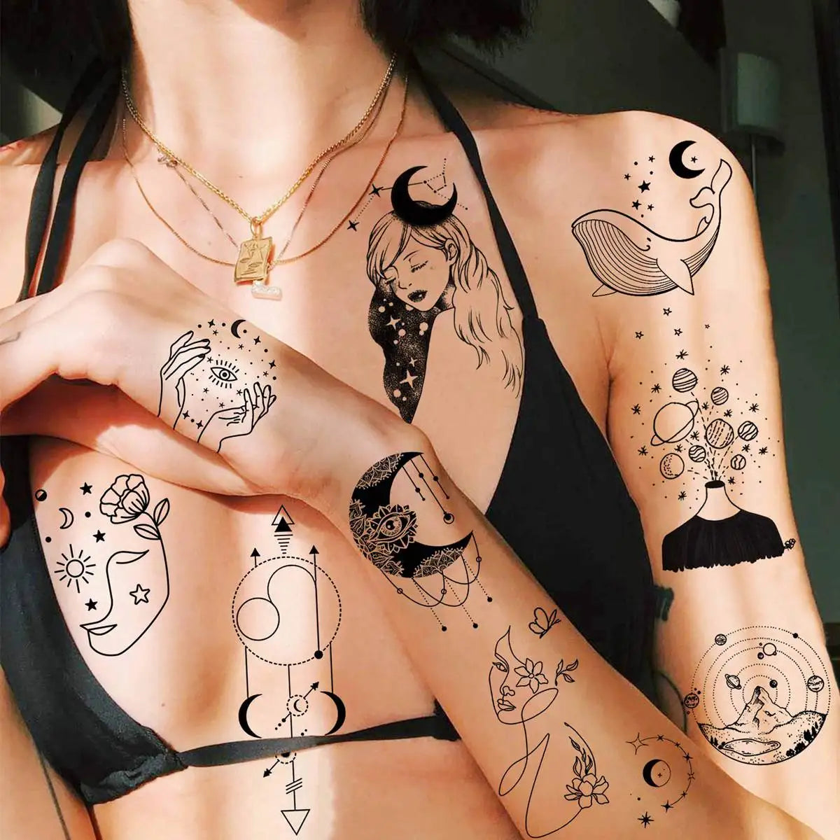 15 Sheets Minimalism Abstract Line Art Temporary Tattoos For Women Men Adults Finger Black Tattoo 3D Moon Star Fake Tatoos Sets