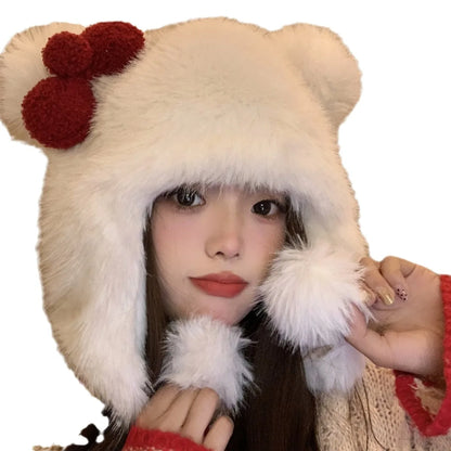 Korean Sweet Bow Plush Bomber Cap Winter Women Keep Warm Windproof Ear Protection Cute Pom-pom Beanie With Lace undefine