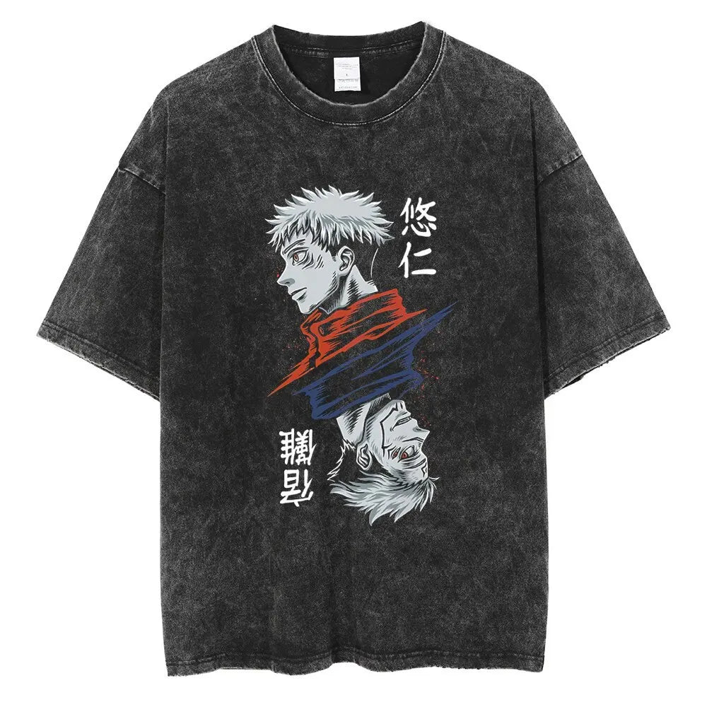 Anime Printed Streetwear Vintage Washed T-shirt Men Harajuku Manga Graphic Print Gojo Acid Wash Tops Tee Shirt