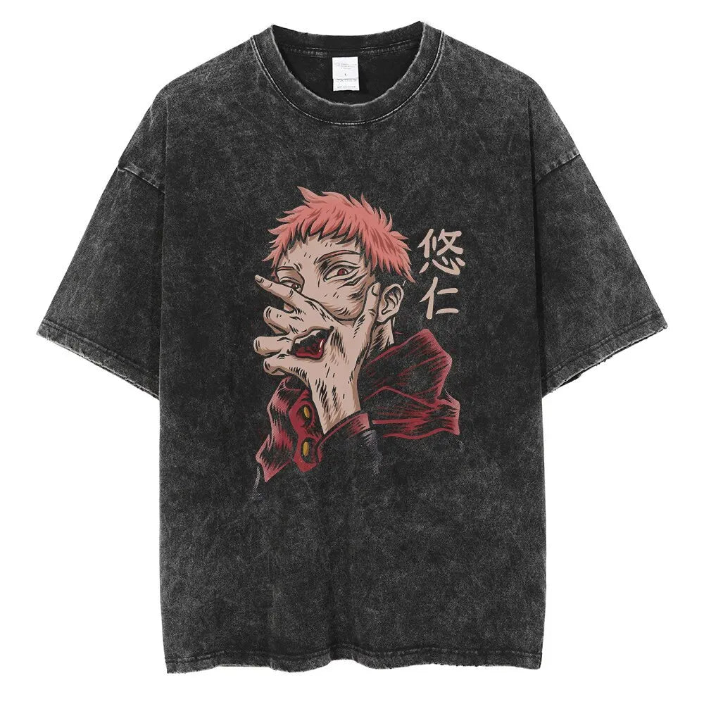 Anime Printed Streetwear Vintage Washed T-shirt Men Harajuku Manga Graphic Print Gojo Acid Wash Tops Tee Shirt