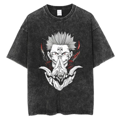 Anime Printed Streetwear Vintage Washed T-shirt Men Harajuku Manga Graphic Print Gojo Acid Wash Tops Tee Shirt