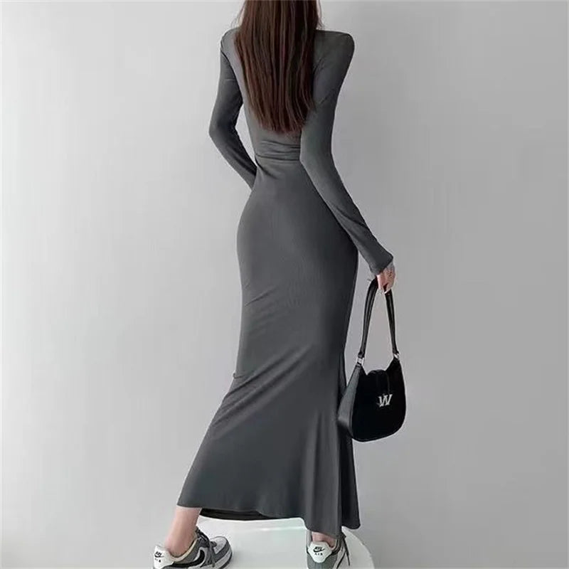 Women Spring Autumn Style Long Sleeve low cut Collar Solid Color Mermaid Sexy Dress