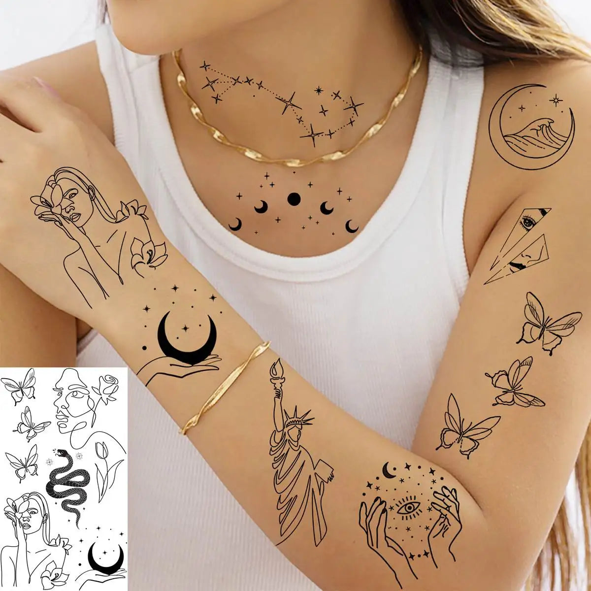 15 Sheets Minimalism Abstract Line Art Temporary Tattoos For Women Men Adults Finger Black Tattoo 3D Moon Star Fake Tatoos Sets