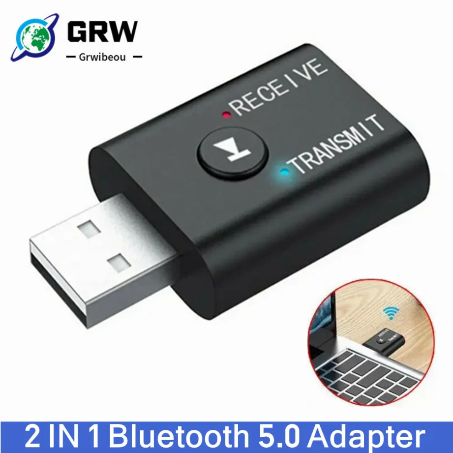 Grwibeou 2 IN 1 USB Bluetooth 5.0 Adapter Transmiter 3.5mm AUX Jack For PC Computer TV Laptop Speaker Headset Bluetooth Receiver