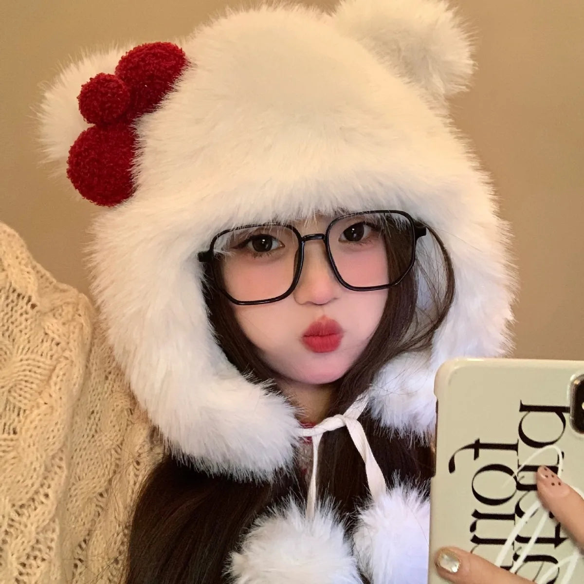 Korean Sweet Bow Plush Bomber Cap Winter Women Keep Warm Windproof Ear Protection Cute Pom-pom Beanie With Lace undefine