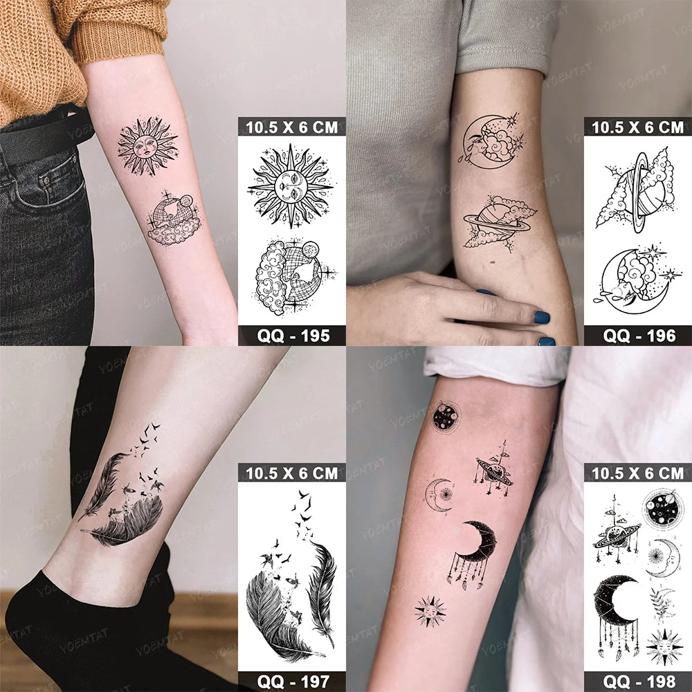 Waterproof Temporary Tattoo Sticker Moon Sun Black Line Geometric Flash Tatoo Women Men Child Arm Ankle Body Art Fake Tatto Cool