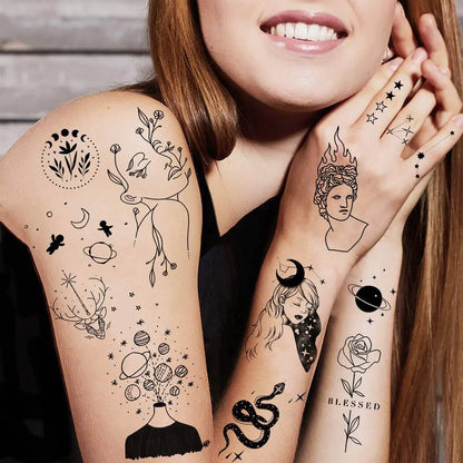 15 Sheets Minimalism Abstract Line Art Temporary Tattoos For Women Men Adults Finger Black Tattoo 3D Moon Star Fake Tatoos Sets