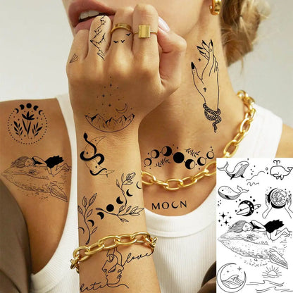 15 Sheets Minimalism Abstract Line Art Temporary Tattoos For Women Men Adults Finger Black Tattoo 3D Moon Star Fake Tatoos Sets